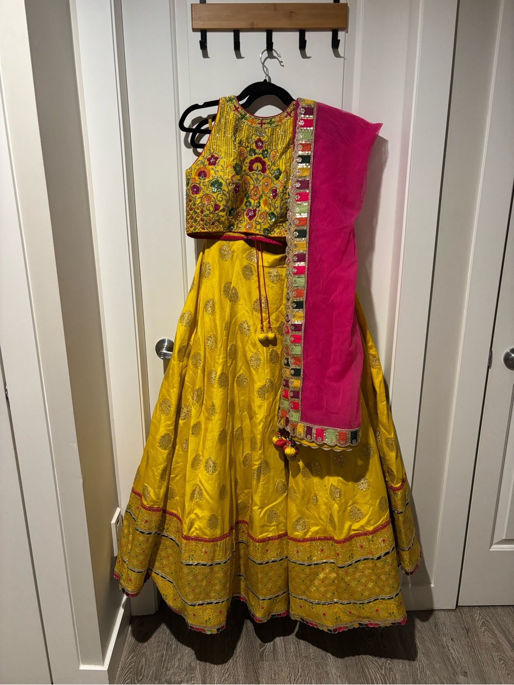 Bright Yellow and Pink Embroidered Lehenga Choli